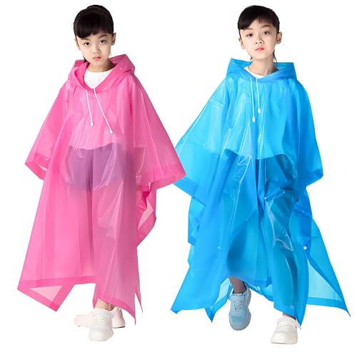 2 Stück Kinder Regenmäntel mit Kapuze, Leichter Kleinkind Regenbekleidung Wiederverwendbar Eva-Ponchos, Faltbare Regenschutz für Jungen Mädchen, Unisex Regencape für Schule gehen/Camping (Blau&Rosa)