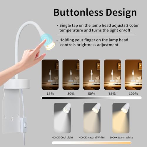 Image of White Headboard Reading Light, No Drilling Wall Mounted Reading Lights for Bedside, Book Light for Bedtime Reading, Buttonless Dimmable Reading Lamp, Movable Gooseneck Reading Sconces for Bedroom