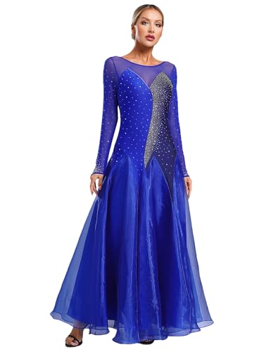 YiZYiF Damen Tanzkleid Lang Große Schaukel Rock Swing Latin Tango Kleid Walzer Ballsaal Kleid Mit Strass Party Moderne Tanz Kostüm Blau M