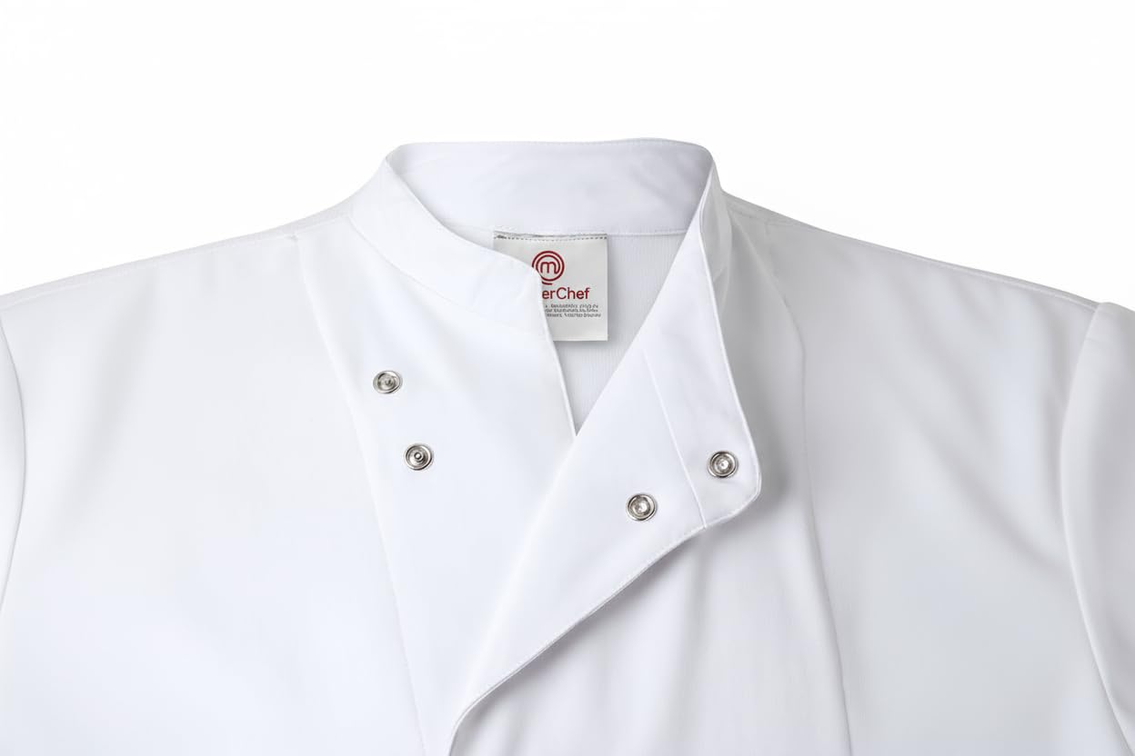 Chaquetilla Oficial MasterChef – Chaqueta de Chef Profesional Unisex, Bordada- Transpirable Coolmax®, Antibacterias, Repelente Líquidos, Tallas S-XL – Saquito Mágico