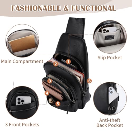 RAVUO Sling Bag, PU Leather Crossbody Backpack for Women Men Casual Hiking Daypack Multipurpose Chest Bag for Work College Black3