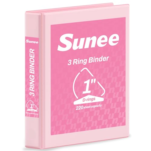 SUNEE 3 Ring Binder 1 Inch D Ring Clear View PVC-Free (Fit 8.5x11 Inches) Pink 1 Pack