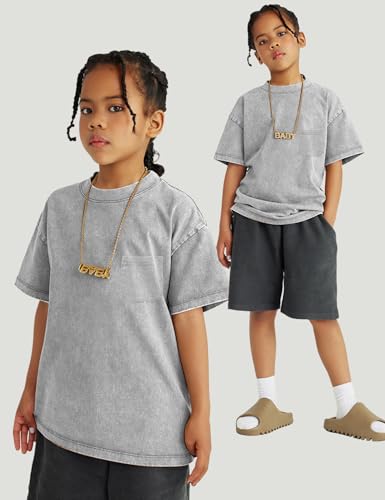 Yimoon Boys Girls Cotton T-Shirts Kids Oversized Acid Wash Tee Shirts Loose Fit Short Sleeve Summer Basic Tops 5-12Y4