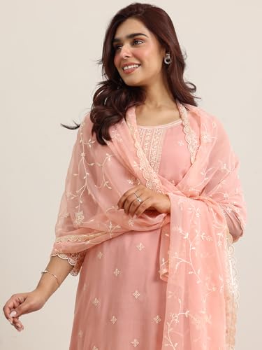 Image of Libas Peach Embroidered Chiffon Straight Kurta set for Women | ethnic wear | bridal suit | wedding dress | occasion wear