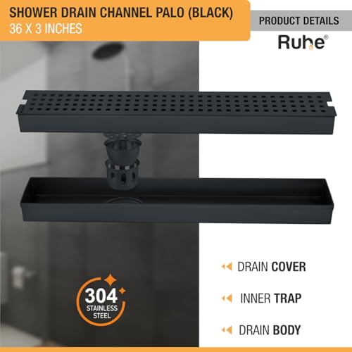 Image of Ruhe Palo 36 x 3 Inches Shower Drain Channel | 304 Stainless Steel Black PVD Coated Shower Water Drain Channel /Waste Water Floor Drain & Side Hole