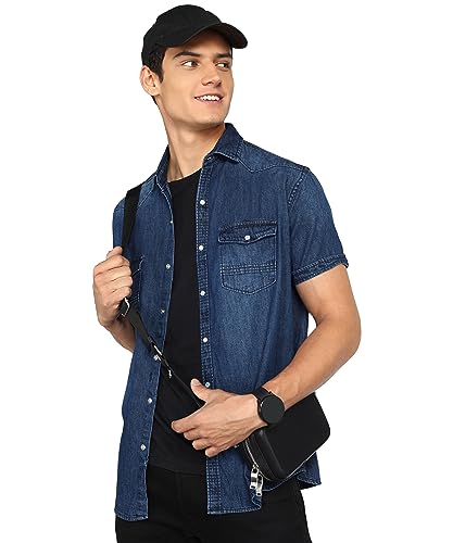 Image of Kuons Avenue Men's Denim Double Pocket Casual Shirt | Half Sleeves Shirt for Men