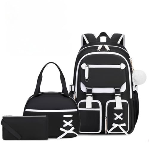Mochila colorida para meninas com lancheira, conjunto de estojos para meninas, mochila escolar infantil, ensino fundamental e médio, Preto