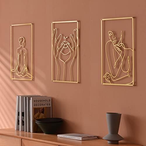 DeaTee 3 Packs Gold Wall Decor, 0.12''Thicker Real Metal Minimalist Wall Art, Gold Metal Wall Art Decor, Modern Abstract Female Single Line Wall Sculptures, Gold Accent Decor for Bedroom and Living Room (18.0 x 12.0 Inches)
