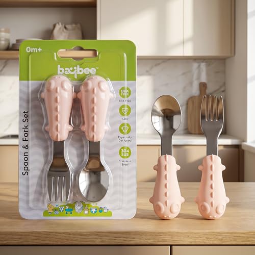 Image of Baybee Stainless Steel Baby Feeding Spoons Set of 2 | Bpa Free- Food Grade Self Feeding Training Utensil Spoon & Fork | Baby & Toddlers Gum Friendly Weaning Supplies for Kids 4 Months+ (Pink)