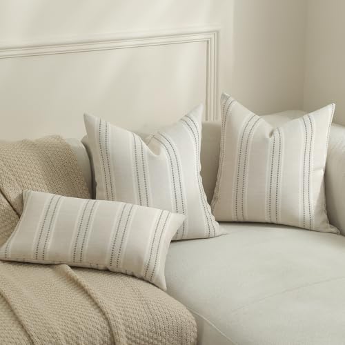 Hckot Throw Pillow Covers 12x20 Set of 2 Striped Pillow Covers Textured Linen Decorative Pillows Lumbar Cushion Covers for Sofa Couch Bed Living Room Farmhouse Decor, Greyish Green