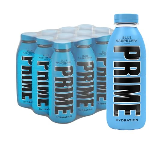 PRIME Hydration Blue Raspberry, Bebidas deportivas, Electrolitos mejorados para reponer líquidos, 250 mg de BCAA, vitaminas B, antioxidantes, bajo contenido en azúcar, 16,9 fl oz, paquete de 12
