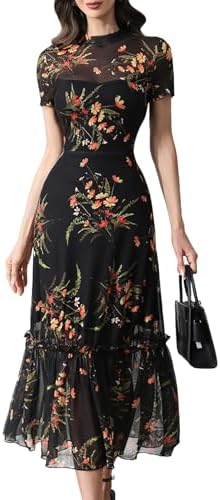 GothDark Women's Summer Floral Mesh Ruffle Dress Short Sleeve Rou...