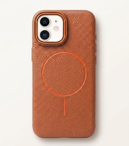 Image of amazon basics Luxury MagSafe Compatible Leather Texture Back Cover for iPhone 12 Pro | Raised Camera Protection | Slim Fit Shockproof Case with Metallic Accents (Orange)