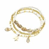 Qceasiy Shell Ankle Bracelet Set for Women, Boho Bead Adjustable Anklet, Hawaiian Beach Seashell Pearl Heart Starfish Conch Foot Jewelry Gifts (Conch Starfish 3Pcs)