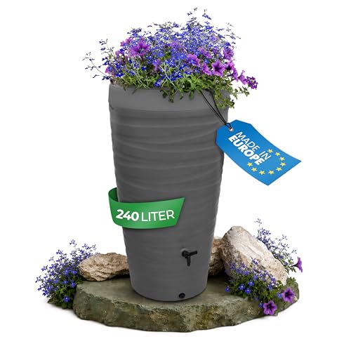YourCasa Regentonne 240 Liter [Wave Design] Regenfass Frostsicher aus Kunststoff - Regenwassertonne mit Wasserhahn - Regenwassertank Garten Regenwassersammler Wasserfass Regentonne schmal (Grau)