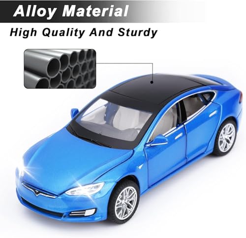 Image of Tesla Model 66063 1:32 Scale Alloy Diecast Model Metal Pull-Back Car with Sound Light and Opening Doors: A Kids' Toy Vehicle Gift (1:32 Tesla - Blue)