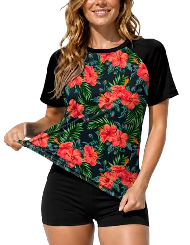 Image of AOBUTE Women Short Sleeve Rash Guard UPF 50+ Tropical Sun Protection Floral Swim Shirts