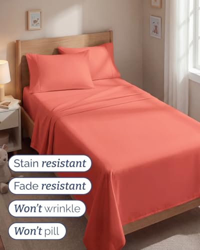Image of Twin 4 Piece Bed Sheet Set - Comfy, Breathable & Cooling Sheets - Coral | Ultra Soft Hotel Luxury Bedding Set with 8-16 Inch Deep Pockets, 1 Flat & 1 Fitted Sheet & 2 Pillowcases, Wrinkle & Fade Free