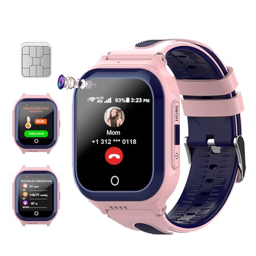 Getfitsoo Wonlex 4G Kids Smartwatch with SIM Card, 1.4″ GPS Smart Watch for Kids, Boys Girls Phone Watch with Temperature HR BP Monitor, Video Calls, SOS, Camera, Pedometer, Alarm, Music Player(Pink)