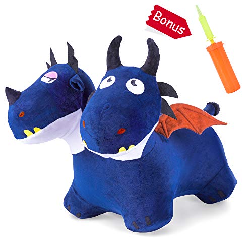 iPlay, iLearn Blue Bouncy Horse Hopper Toys, Plush Cover Two-Headed Hopping Dragon, Inflatable