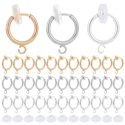 SUNNYCLUE 1 Box 30Pcs Clip on Earring Converters Brass Earrings Components Huggie Hooks with Open Loops Silicone Pads Clips for jewellery Making Non-Pierced Ears DIY Backs Findings