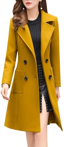 chouyatou Women Elegant Notched Collar Double Breasted Wool Blend Over Coat (Medium, Yellow)