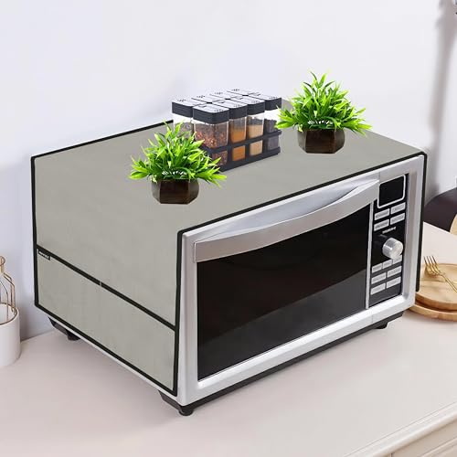 Image of Microwave Cover Top - Waterproof Dustproof Polyester Oven Cover for Kitchen with 4 Side Pockets, Modern Design, Grey (100 x 35 cm)