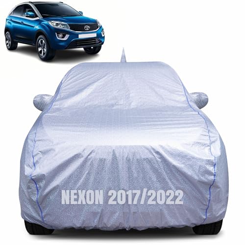 Image of 100% Waterproof Car Body Cover for Tata Nexon (2017-2022) with Mirror Pocket, Heat & UV Resistant, Triple Stitched, Soft Lining, Bottom Elastic & Piping (Silver Reflective)