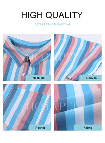 Hotapei Women's Summer Casual V Neck Striped Cuffed Sleeve Button Down Collar Front Pockets Tunic Blouses Fashion 2023 Tshirts Tops Large B Sky Blue #TOP4