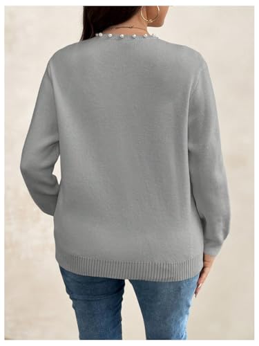 Image of BEAUDRM Women's Plus Size Pearls Beaded Cardigan Open Front Long Sleeve Casual Sweater Top