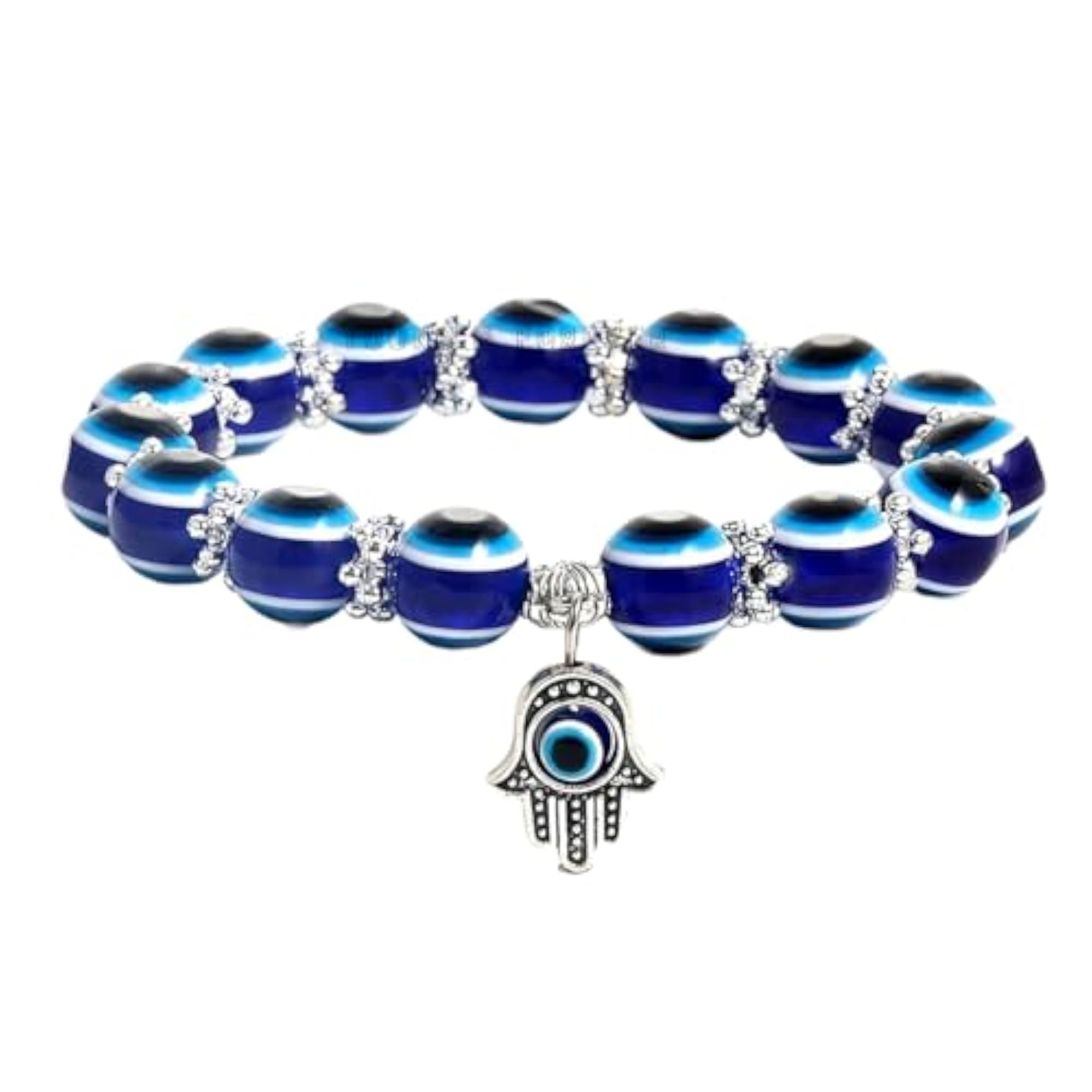10mm Blue Evil Eye Beads Bracelet with Hamsa Hand Charm