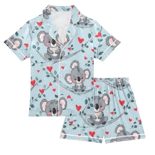 ALAZA Cute Koala Leaf Heart Satin Pajamas Set Short Sleeve Button Down Sleepwear Summer Pjs 2 Piece