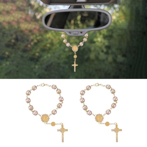 2PCS Car Rosary for Rearview Mirror With Cross Blessing Pendant, Personalized Hanging Accessories Interior Decors for Women Men