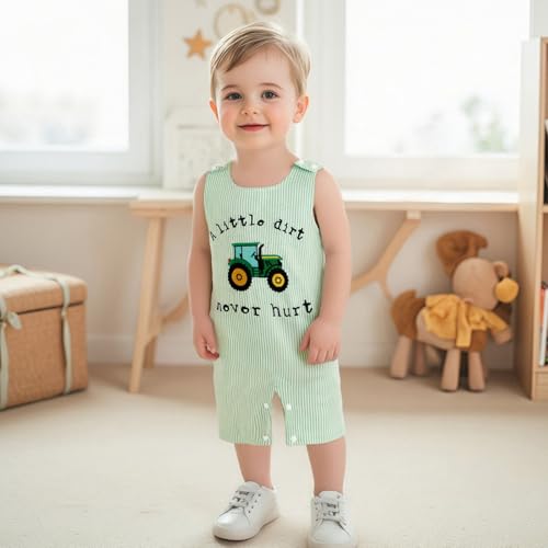 Toddler Boy Summer Outfit A Little Dirt Never Hurt Tractor Embroidery Jumpsuit Sleeveless Overall Country Clothes4