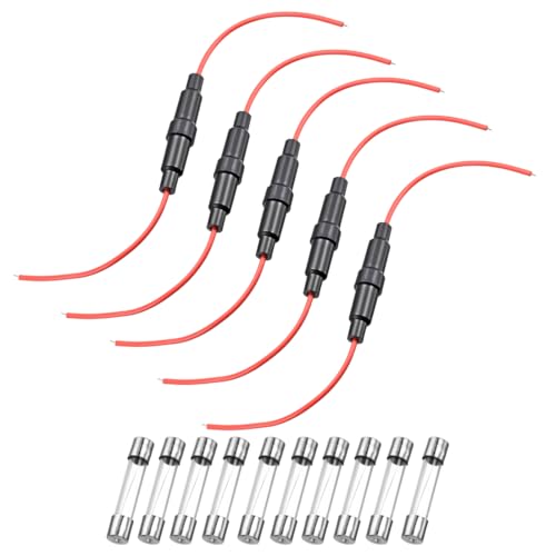 sourcing map 5 Pcs 6x30mm Inline Screw Type Fuse Holder 22 Gauge AWG Red Wire with 10 Pcs 10A Fast Blow Glass Fuses
