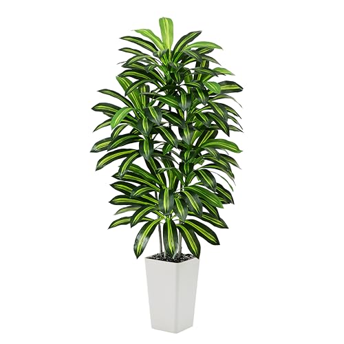 Artificial Dracaena Plant Indoor 6FT Fake Tree with White Tall Planter, Tall Fake Floor Plant in Pot, Artificial SilkPlant for Home Decor Office Living Room Porch Patio Housewarming(5 Trunks 180CM)