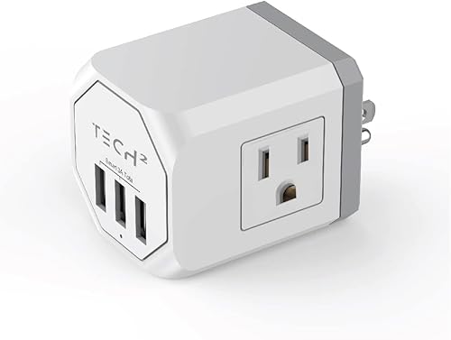 Tech2 - Regleta protectora de sobretensiones de tres lados con 9 tomas de corriente y 2 puertos USB, base giratoria diseño compacto cabe en 1 toma