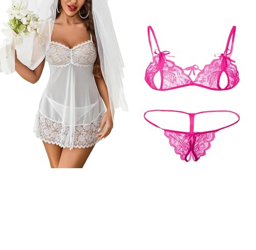 Image of SSoShHub Lace Babydoll Lingerie Sexy Mini Chemise Mesh Wedding Nightie Bridal Nightdress with Bikini