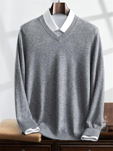 Men's V-Neck Solid Long Sleeves Elastic Cashmere Sweater Casual Loose Business Knitted Pullover3