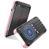 Wreaoves Solar Power Bank 33800mAh with Super Bright LED Flashlight, Built-in 4 Cables & Wireless Charging, Portable Charger with Compass, 7 Outputs & 4 Inputs for Camping/Hiking