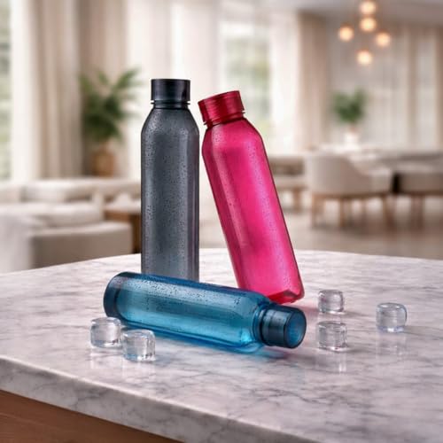 Image of BISA Luxury Matte Finish Premium Quality Plastic Water Bottle Combo Unbreakable, Modern Look Travel, Office, Home & School Use Set of 3 (Black, Blue & Pink) 1000ml Each
