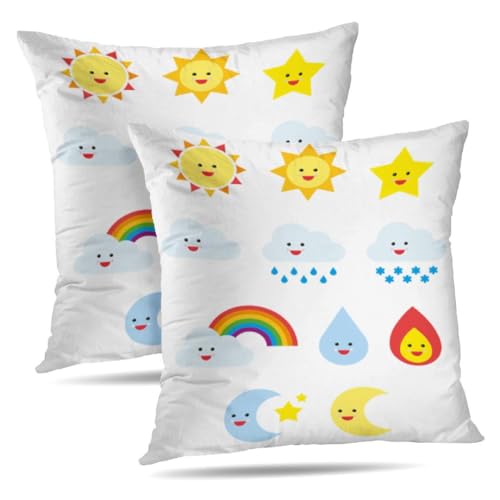 Throw Pillow Covers Weather Cute Art Cloud Collection Color Colorful Day Drop Emoji Emoticon Eye Fire Flame Flat for Living Room Bedroom Sofa 18x18 Inch Set of 2