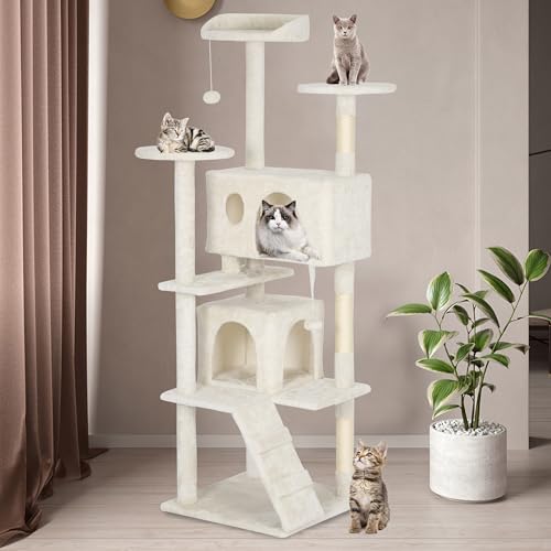 Image of BestPet | 62 inch Cat Tree Tower | Beige | Sturdy Multi-Level Cat Tree