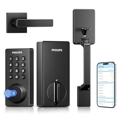 Philips Wi-Fi Smart Door Lock with Handle Set, Keypad Deadbolt for Front Door, Fingerprint Keyless Entry Door Lock with App Remote Control, IP53 Waterproof, Auto Lock, Security Easy Installation