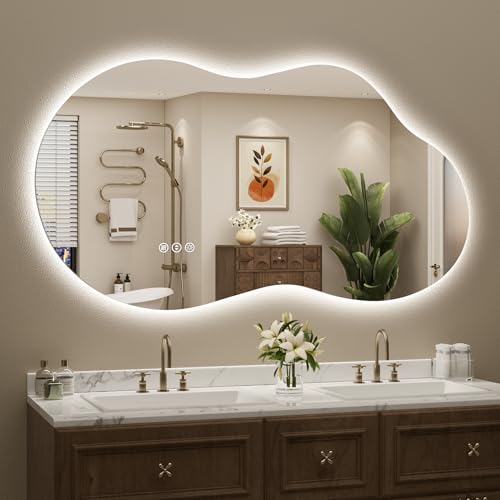 Image of 48x26 Inch Asymmetrical LED Bathroom Mirror with Lights, Backlit, Anti-Fog, Irregular Cloud Lighted Bathroom Vanity Mirror for Wall, Dimmable, 3 Colors, Memory, HD Tempered Glass