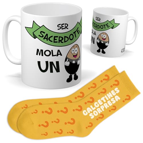 Set para Sacerdotes y Religiosos | Taza “SER SACERDOTE MOLA UN HUEVO” + Calcetines Sorpresa | Regalo Original y Divertido para Hombre o Mujer | Ideal para Cumpleaños, Navidad, Parroquias y Seminarios