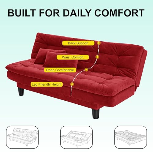 Image of Modern 3 Seater Sofa Cum Bed with Cushions, Foldable Convertible Couch, Velvet Fabric Sleeper Sofa for Living Room, Guest Room, Red