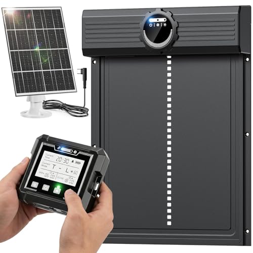 Grande Porte Poulailler Automatique Solaire sans Fil, MASTERFUN Porte Poulailler en Aluminium avec Capteur De Lumière, Minuterie, Écran LCD Étanche,...