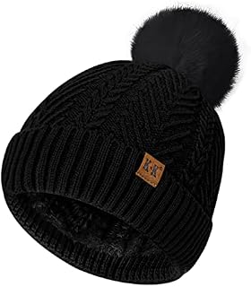 ECOMBOS Bobble Hat Women - Winter Hats for Women Warm Beanie Hats Knitted Wooly Hats Thermal Fleece Line Hat with Pom Pom for Ladies Outdoor Sports Ski