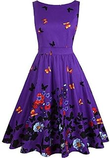 Owin Women's Vintage Cocktail Dress Sleeveless Waist Round Neck Floral Casual Midi Dress with Pockets